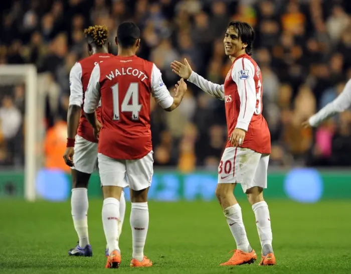 Framed Print : Benayoun and Walcott Celebrate Arsenal's Third Goal vs. Wolverhampton Wanderers (2011-12)