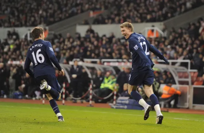 Framed Print : Bendtner and Ramsey: Celebrating Arsenal's First Goal in Stoke's Britanna Stadium (27 / 2 / 2010)