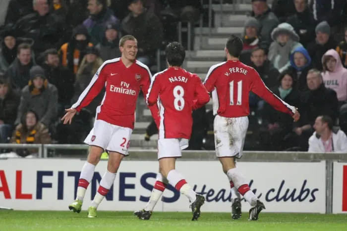 Framed Print : Bendtner, Van Persie, and Nasri: Celebrating Arsenal's 3rd Goal Against Hull City (17 / 1 / 2009) Framed Print : Bendtner, Van Persie, and Nasri: Celebrating Arsenal's 3rd Goal Against Hull City (17 / 1 / 2009)