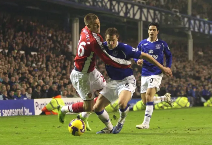 Framed Print : Bendtner vs Jagielka: The Intense Rivalry at Goodison Park, Everton vs Arsenal, Premier League, 2009
