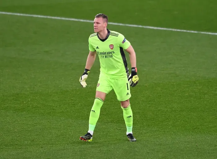 Framed Print : Bernd Leno: Arsenal's Solo Guardian in an Empty Emirates Stadium during the Europa League Match against Olympiacos (2020-21)