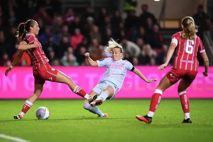 Framed Print : Beth Mead Faces Off Against Naomi Layzell: A Tense Moment in the Barclays Women's Super League Clash Between Bristol City and Arsenal FC