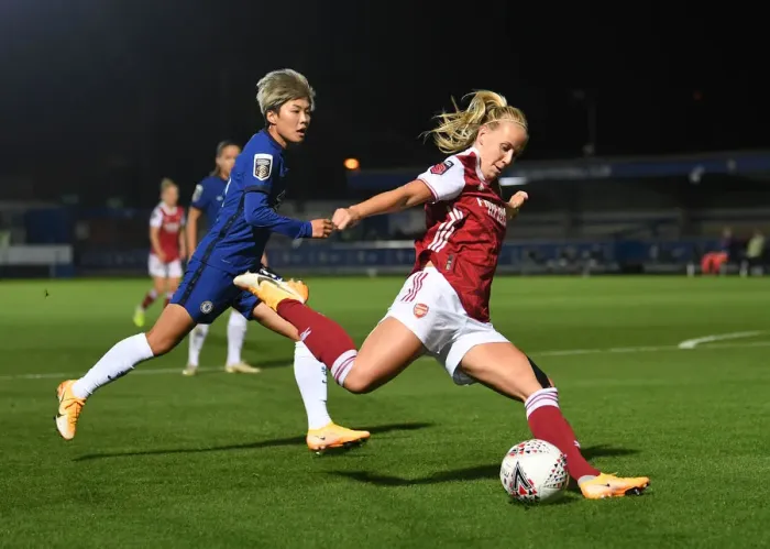 Framed Print : Beth Mead Faces Pressure from So-Yun Ji in Intense Chelsea Women vs Arsenal Women Continental Cup Clash Framed Print : Beth Mead Faces Pressure from So-Yun Ji in Intense Chelsea Women vs Arsenal Women Continental Cup Clash