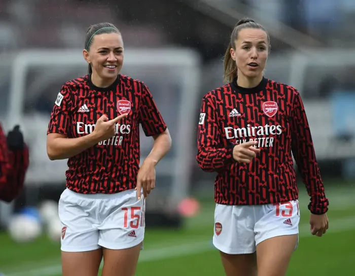 Framed Print : BOREHAMWOOD, ENGLAND - APRIL 28: Katie McCabe and Lia Walti of Arsenal before the Barclays FA Womens Super League match Framed Print : BOREHAMWOOD, ENGLAND - APRIL 28: Katie McCabe and Lia Walti of Arsenal before the Barclays FA Womens Super League match