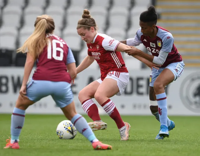 Framed Print : BOREHAMWOOD, ENGLAND - MAY 09: Kim Little of Arsenal holds off Elisha N Dow of Villa during the Barclays FA Womens Framed Print : BOREHAMWOOD, ENGLAND - MAY 09: Kim Little of Arsenal holds off Elisha N Dow of Villa during the Barclays FA Womens