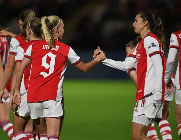Framed Print : BOREHAMWOOD, ENGLAND - OCTOBER 14: Beth Mead congratulates Tobin Heath after the 3rd Arsenal goal during the UEFA Framed Print : BOREHAMWOOD, ENGLAND - OCTOBER 14: Beth Mead congratulates Tobin Heath after the 3rd Arsenal goal during the UEFA
