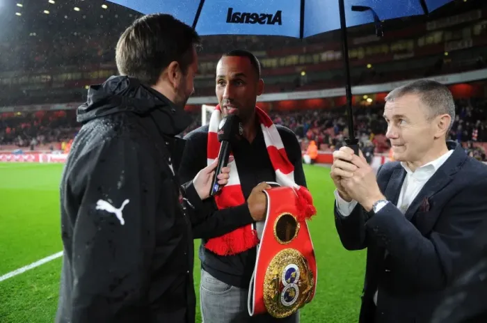 Framed Print : Boxing Champion James DeGale's Half-Time Chat with Arsenal's Nigel Mitchell and Jimmy McDonnell (Arsenal v Everton, 2015 / 16) Framed Print : Boxing Champion James DeGale's Half-Time Chat with Arsenal's Nigel Mitchell and Jimmy McDonnell (Arsenal v Everton, 2015 / 16)