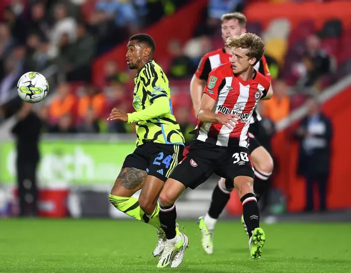 Framed Print : Brentford vs Arsenal: Carabao Cup Clash - Nelson vs Roerslev Battle