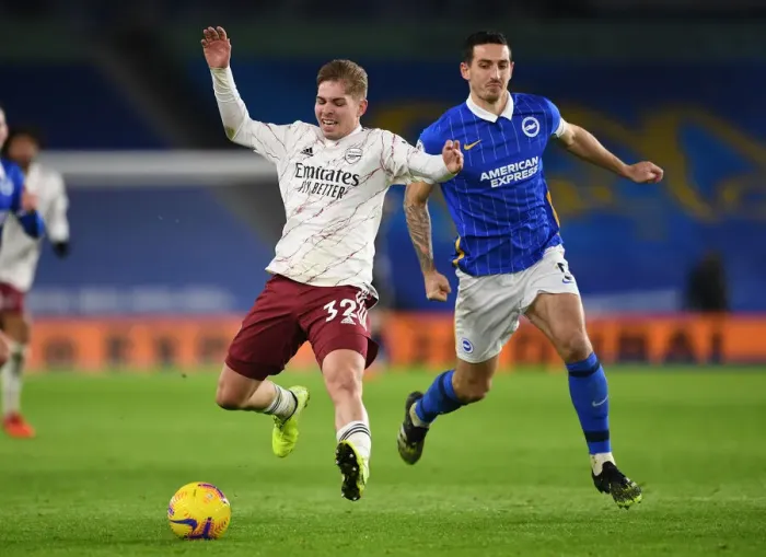 Framed Print : Brighton vs Arsenal: Emile Smith Rowe Faces Lewis Dunk in Premier League Clash (2020-21)