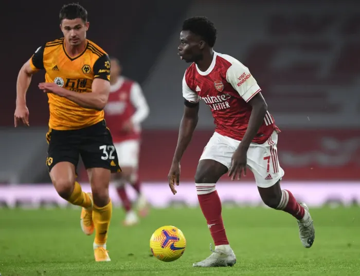 Framed Print : Bukayo Saka in Action: Arsenal vs. Wolverhampton Wanderers (Premier League 2020-21)