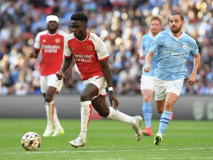 Framed Print : Bukayo Saka in Action: Arsenal vs Manchester City - 2023-24 Community Shield Framed Print : Bukayo Saka in Action: Arsenal vs Manchester City - 2023-24 Community Shield