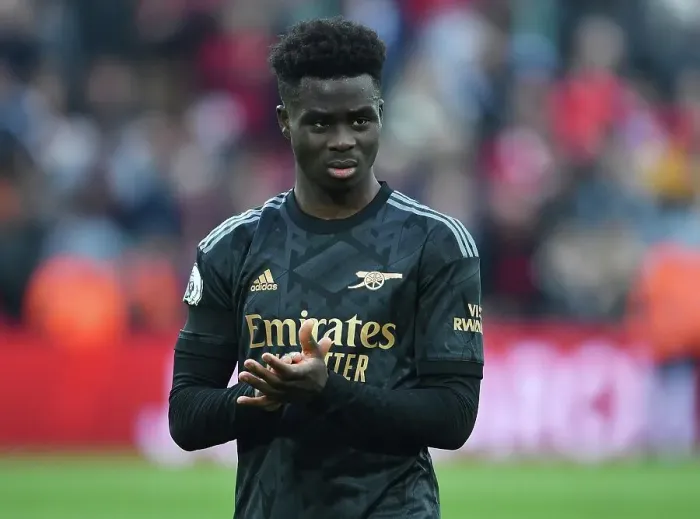 Framed Print : Bukayo Saka Applauds Arsenal Fans at Anfield After Liverpool Clash (2022-23)