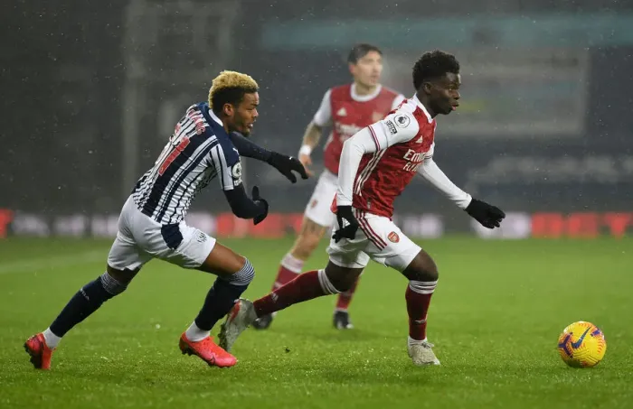 Framed Print : Bukayo Saka Faces Off Against Grady Diangana: West Bromwich Albion vs Arsenal, Premier League 2020-21