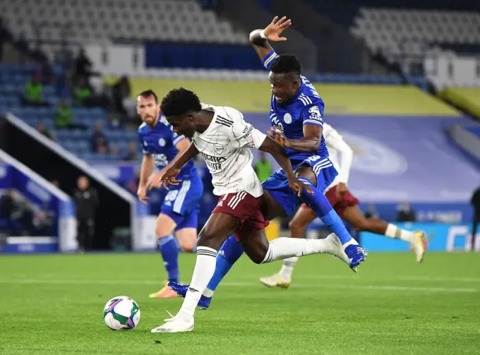 Framed Print : Bukayo Saka Foul by Amartey: Leicester vs. Arsenal Carabao Cup Clash