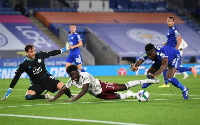 Framed Print : Bukayo Saka Foul by Amartey: Leicester vs Arsenal Carabao Cup Clash
