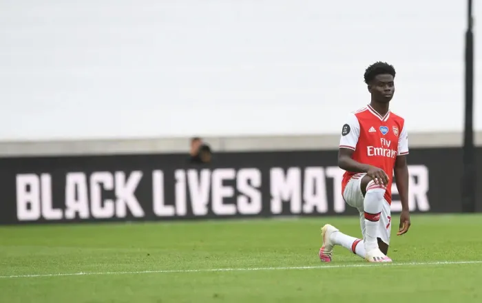 Framed Print : Bukayo Saka Kneels: Wolverhampton Wanderers vs. Arsenal FC, Premier League 2019-2020 Framed Print : Bukayo Saka Kneels: Wolverhampton Wanderers vs. Arsenal FC, Premier League 2019-2020