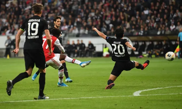 Framed Print : Bukayo Saka Scores Arsenal's Second Goal: Eintracht Frankfurt vs Arsenal, UEFA Europa League 2019-20