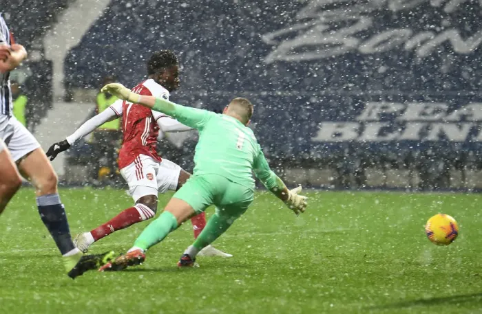 Framed Print : Bukayo Saka Scores Arsenal's Second Goal: West Bromwich Albion vs Arsenal, Premier League 2020-21