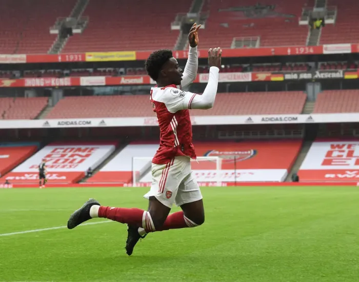 Framed Print : Bukayo Saka Scores First Arsenal Goal of Empty 2020-21 Season Against Sheffield United