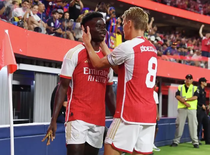Framed Print : Bukayo Saka Scores First Arsenal Goal Against Barcelona: 2023-24 Pre-Season Victory at SoFi Stadium