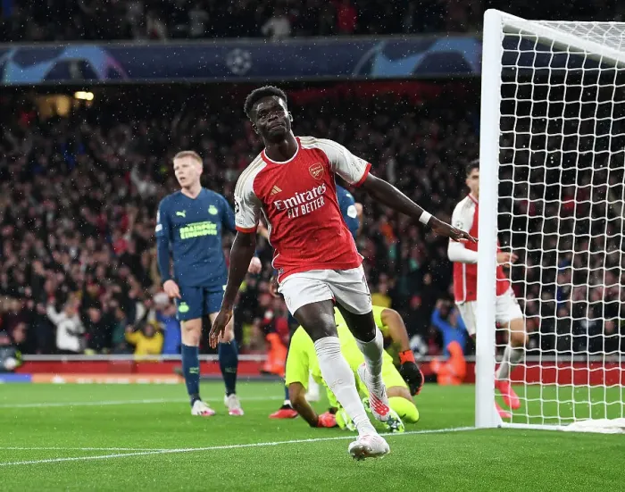 Framed Print : Bukayo Saka Scores First Arsenal Goal in Champions League 2023-24: Arsenal FC vs PSV Eindhoven
