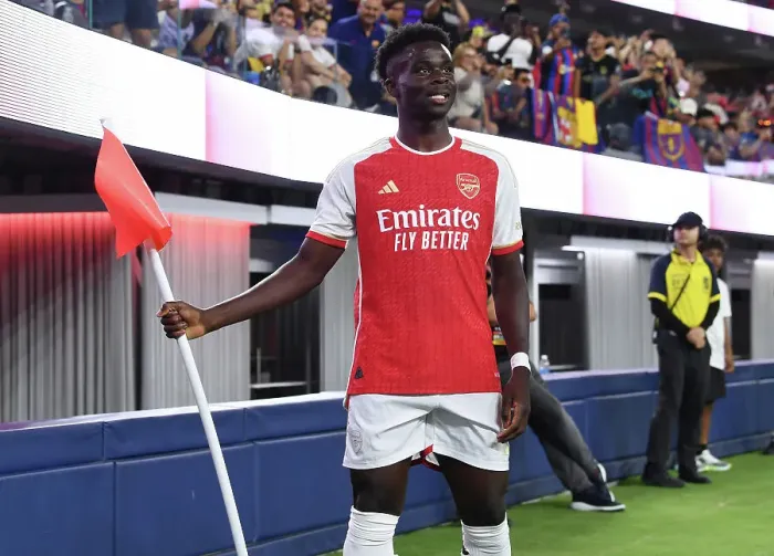 Framed Print : Bukayo Saka Scores First Arsenal Goal Against FC Barcelona at SoFi Stadium (2023) Framed Print : Bukayo Saka Scores First Arsenal Goal Against FC Barcelona at SoFi Stadium (2023)