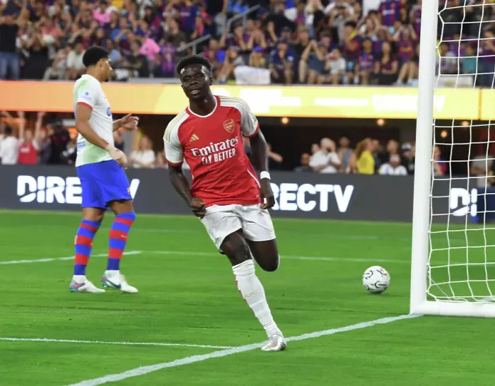 Framed Print : Bukayo Saka Scores Historic First Arsenal Goal Against FC Barcelona at SoFi Stadium (2023-24)