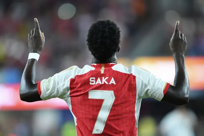 Framed Print : Bukayo Saka Scores Historic First Goal for Arsenal Against FC Barcelona at SoFi Stadium, 2023 Framed Print : Bukayo Saka Scores Historic First Goal for Arsenal Against FC Barcelona at SoFi Stadium, 2023