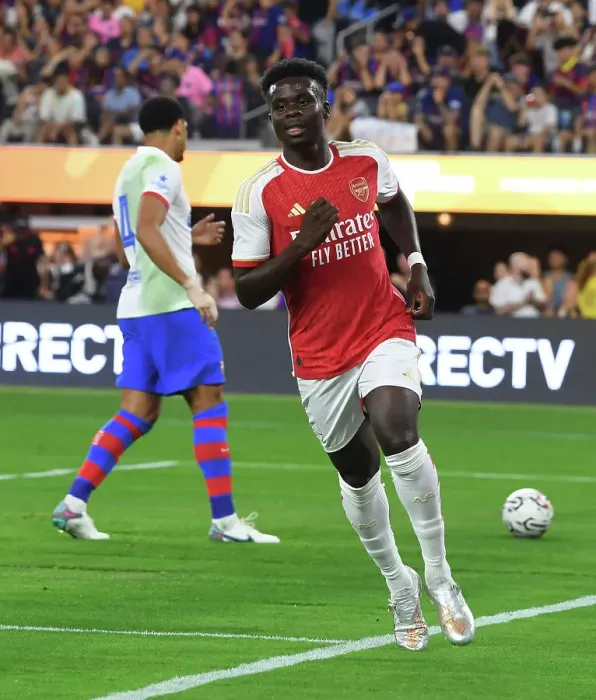 Framed Print : Bukayo Saka Scores the Opener: Arsenal Takes the Lead Against FC Barcelona at SoFi Stadium (2023)