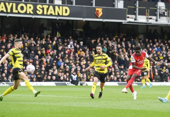Framed Print : Bukayo Saka Scores the Second: Arsenal Triumphs over Watford in Premier League Clash Framed Print : Bukayo Saka Scores the Second: Arsenal Triumphs over Watford in Premier League Clash