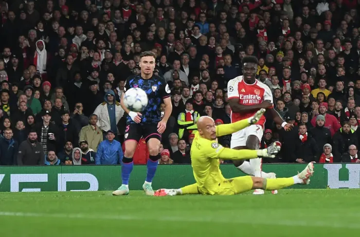 Framed Print : Bukayo Saka Scores His Second: Arsenal's Victory over Sevilla in the 2023-24 UEFA Champions League