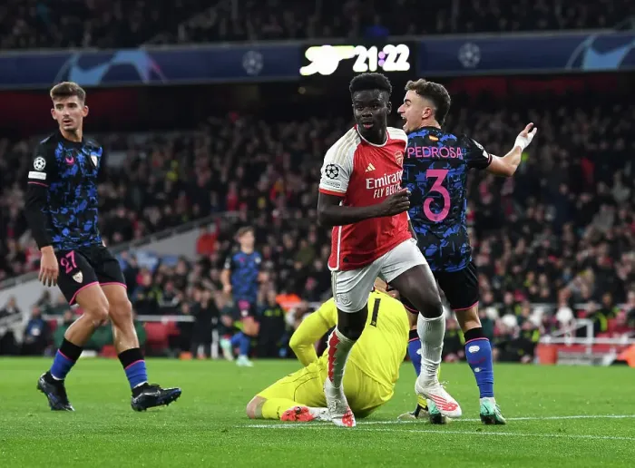 Framed Print : Bukayo Saka Scores His Second Goal: Arsenal Tops Sevilla in 2023-24 UEFA Champions League