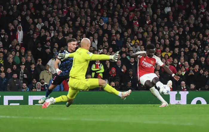 Framed Print : Bukayo Saka Scores His Second Goal: Arsenal's Victory in the 2023-24 UEFA Champions League vs. Sevilla