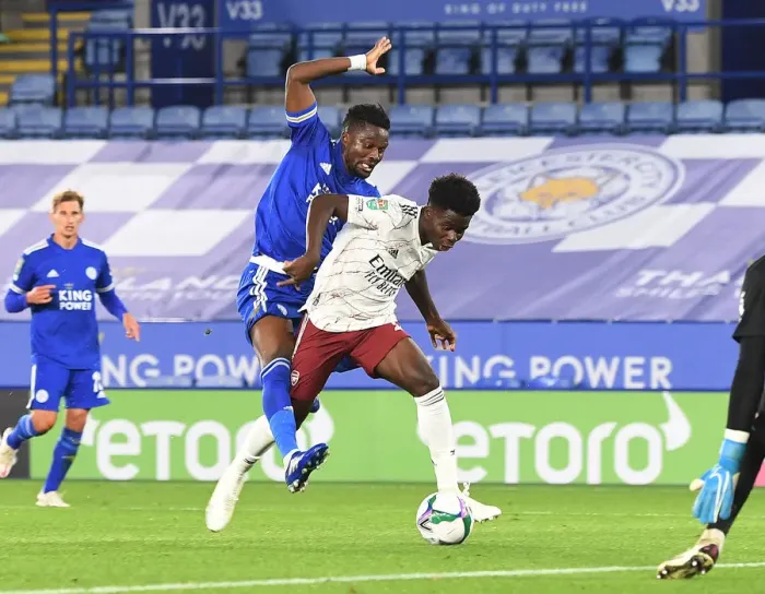 Framed Print : Bukayo Saka vs Daniel Amartey: Clash in the Carabao Cup Third Round - Leicester City vs Arsenal Framed Print : Bukayo Saka vs Daniel Amartey: Clash in the Carabao Cup Third Round - Leicester City vs Arsenal