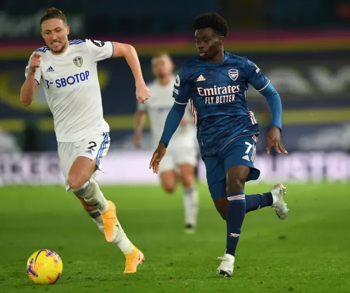 Framed Print : Bukayo Saka vs Luke Ayling: Battle at Elland Road - Leeds United vs Arsenal, Premier League 2020-21