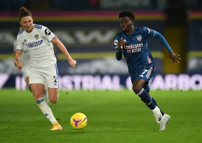 Framed Print : Bukayo Saka vs Luke Ayling: Clash at Elland Road - Leeds United vs Arsenal, Premier League 2020-21