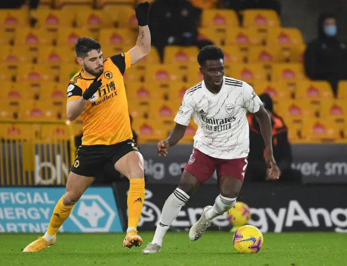 Framed Print : Bukayo Saka vs Pedro Neto: Intense Battle at Molineux - Wolverhampton Wanderers vs Arsenal, Premier League 2020-21