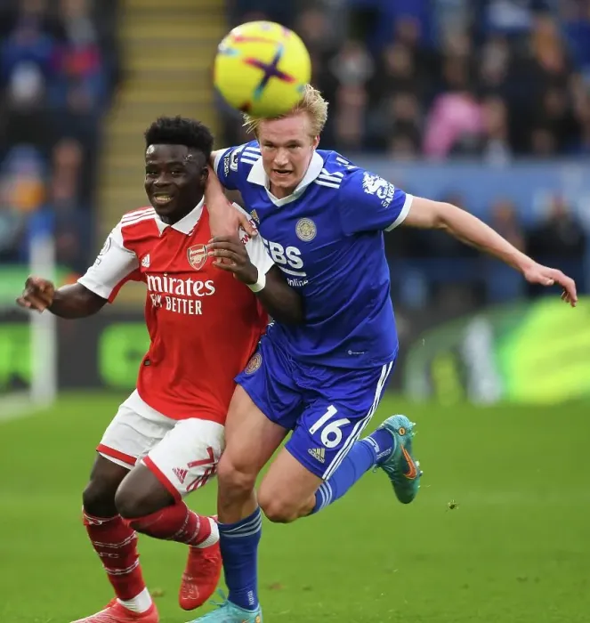 Framed Print : Bukayo Saka vs. Victor Kristiansen: Leicester City vs. Arsenal FC, Premier League Clash (February 2023)