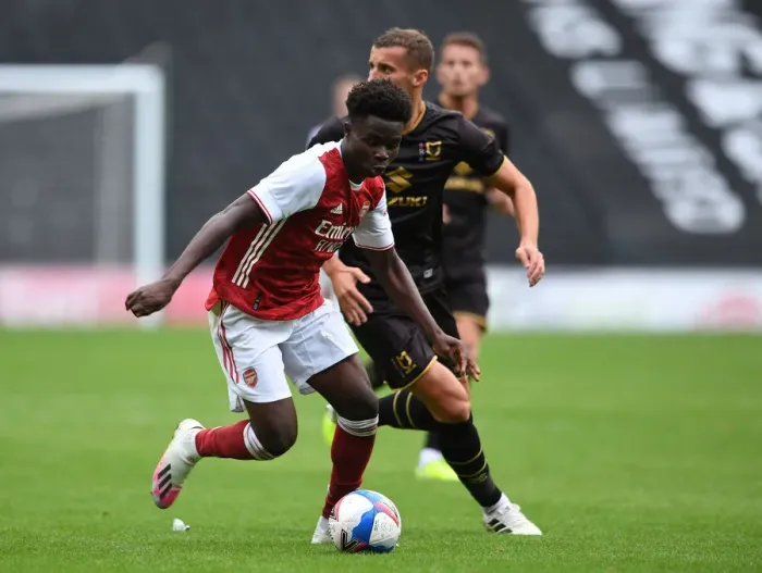 Framed Print : Bukayo Saka's Brilliant Performance: Arsenal Takes Pre-Season Victory Over MK Dons Framed Print : Bukayo Saka's Brilliant Performance: Arsenal Takes Pre-Season Victory Over MK Dons