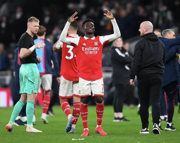 Framed Print : Bukayo Saka's Thrilling Goal: Arsenal's Triumph in the Exciting Tottenham Derby, Premier League 2022-23
