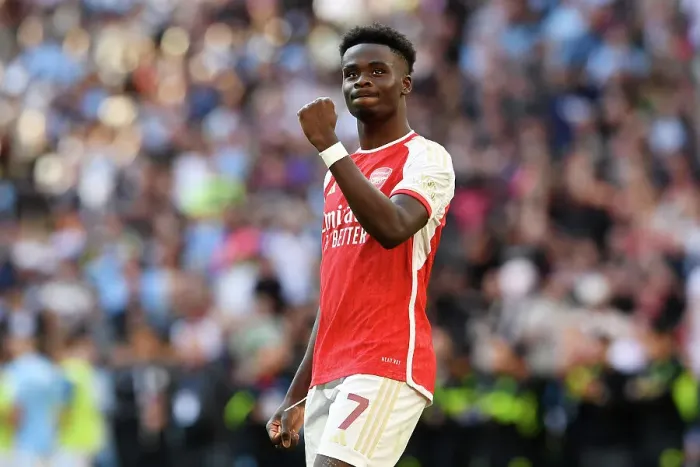 Framed Print : Bukayo Saka's Triumphant Celebration: Arsenal Claim Community Shield Victory over Manchester City Framed Print : Bukayo Saka's Triumphant Celebration: Arsenal Claim Community Shield Victory over Manchester City