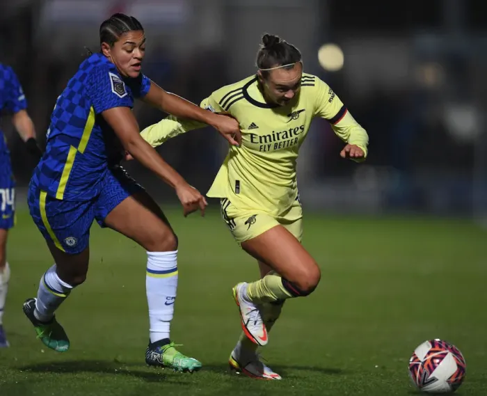 Framed Print : Caitlin Foord vs. Jess Carter: A Battle in the FA WSL Clash Between Chelsea Women and Arsenal Women
