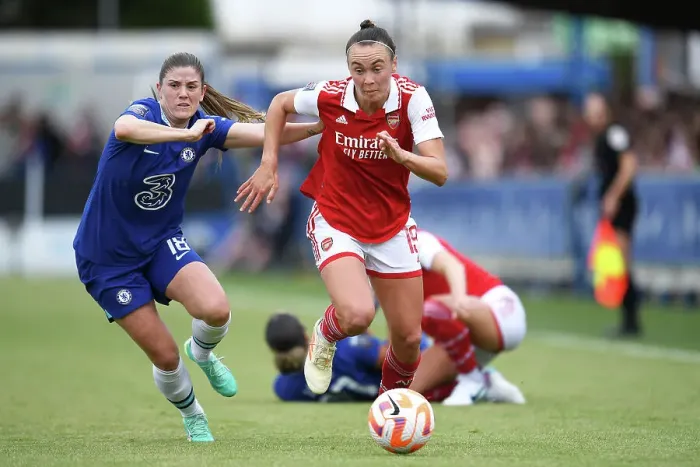 Framed Print : Caitlin Foord vs. Maren Mjelde: Intense Battle in Chelsea Women vs. Arsenal Women's Super League Match Framed Print : Caitlin Foord vs. Maren Mjelde: Intense Battle in Chelsea Women vs. Arsenal Women's Super League Match