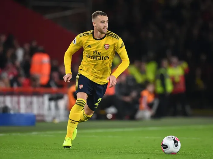 Framed Print : Calum Chambers in Action: Sheffield United vs. Arsenal, Premier League 2019-20