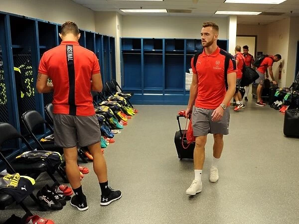 Calum Chambers Arrives at Arsenal Changing Room Before Arsenal vs. CD Guadalajara Match