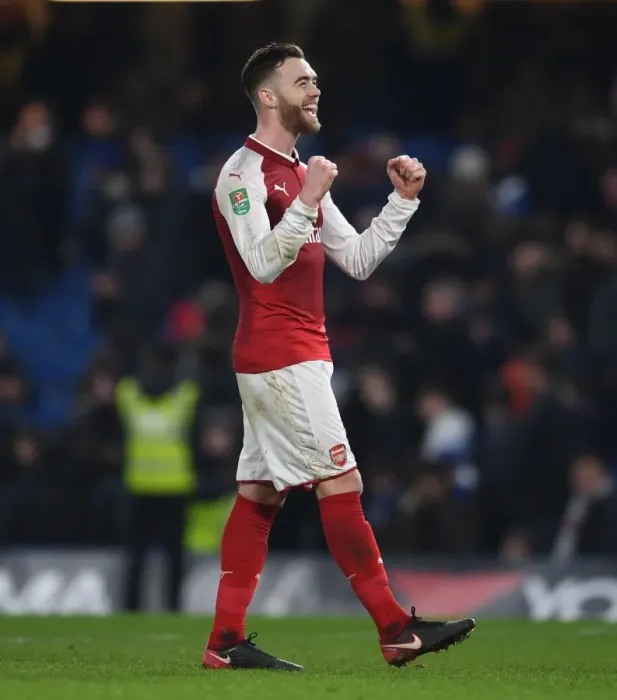 Framed Print : Calum Chambers Celebrates with Arsenal Fans after Carabao Cup Semi-Final 1st Leg vs Chelsea Framed Print : Calum Chambers Celebrates with Arsenal Fans after Carabao Cup Semi-Final 1st Leg vs Chelsea