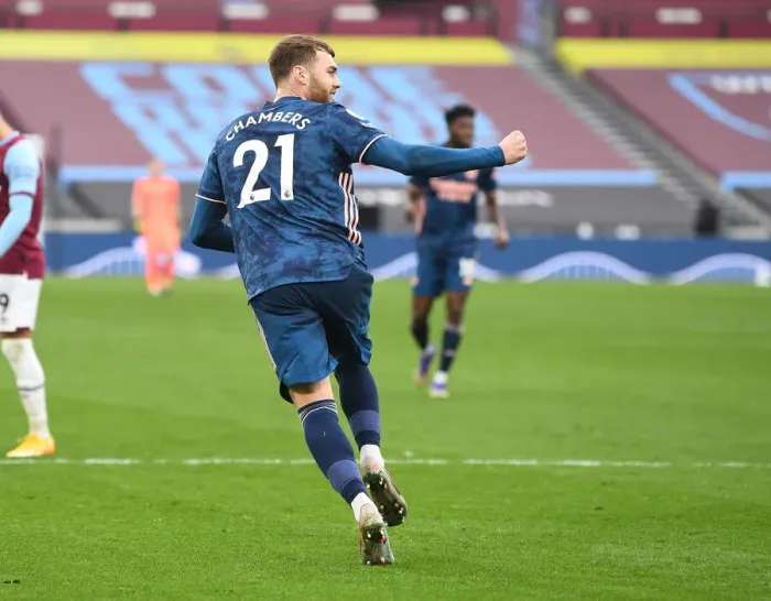 Framed Print : Calum Chambers Double Celebration: Arsenal's Victory Over West Ham United in Empty London Stadium (2020-21) Framed Print : Calum Chambers Double Celebration: Arsenal's Victory Over West Ham United in Empty London Stadium (2020-21)