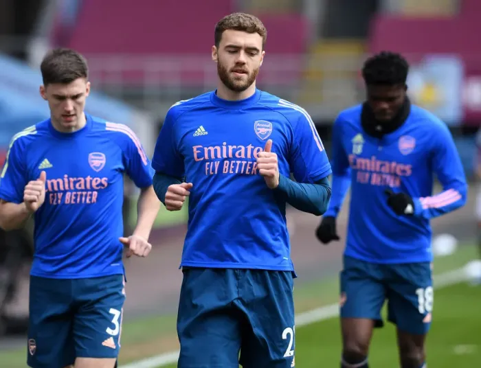 Framed Print : Calum Chambers Prepares for Burnley Clash in Empty Turf Moor (Burnley vs Arsenal 2021)
