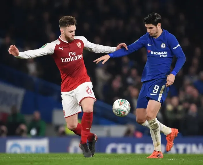 Framed Print : Calum Chambers vs. Alvaro Morata: A Football Rivalry at Stamford Bridge - Carabao Cup Semi-Finals (Chelsea vs. Arsenal 2017-18)