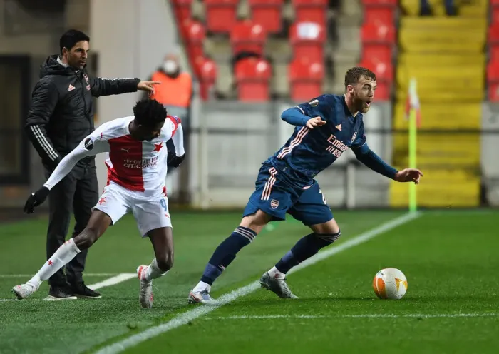 Framed Print : Calum Chambers vs. Peter Olayinka: A Battle in the Empty Eden Arena - UEFA Europa League Quarterfinal Framed Print : Calum Chambers vs. Peter Olayinka: A Battle in the Empty Eden Arena - UEFA Europa League Quarterfinal